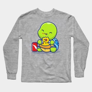 Cute Turtle Eating Pizza With Soda Long Sleeve T-Shirt